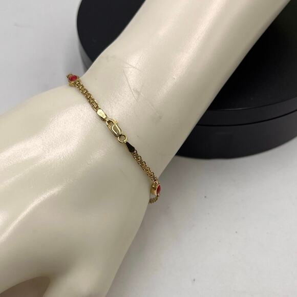 Yellow Gold 14k Italy Byzantine Woven Style Five Oval Coral Cabochons Bracelet - Picture 3 of 10